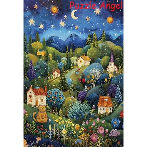 星夜搖籃曲 ~花村被貓咪守護~（中田）1000 塊拼圖, size:49x72cm