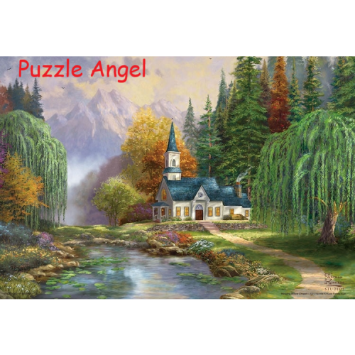 陽光透過樹梢與水邊的小教堂（Thomas Kincaid）1000 塊, 世界最小迷你版砌圖 , size:26x38cm